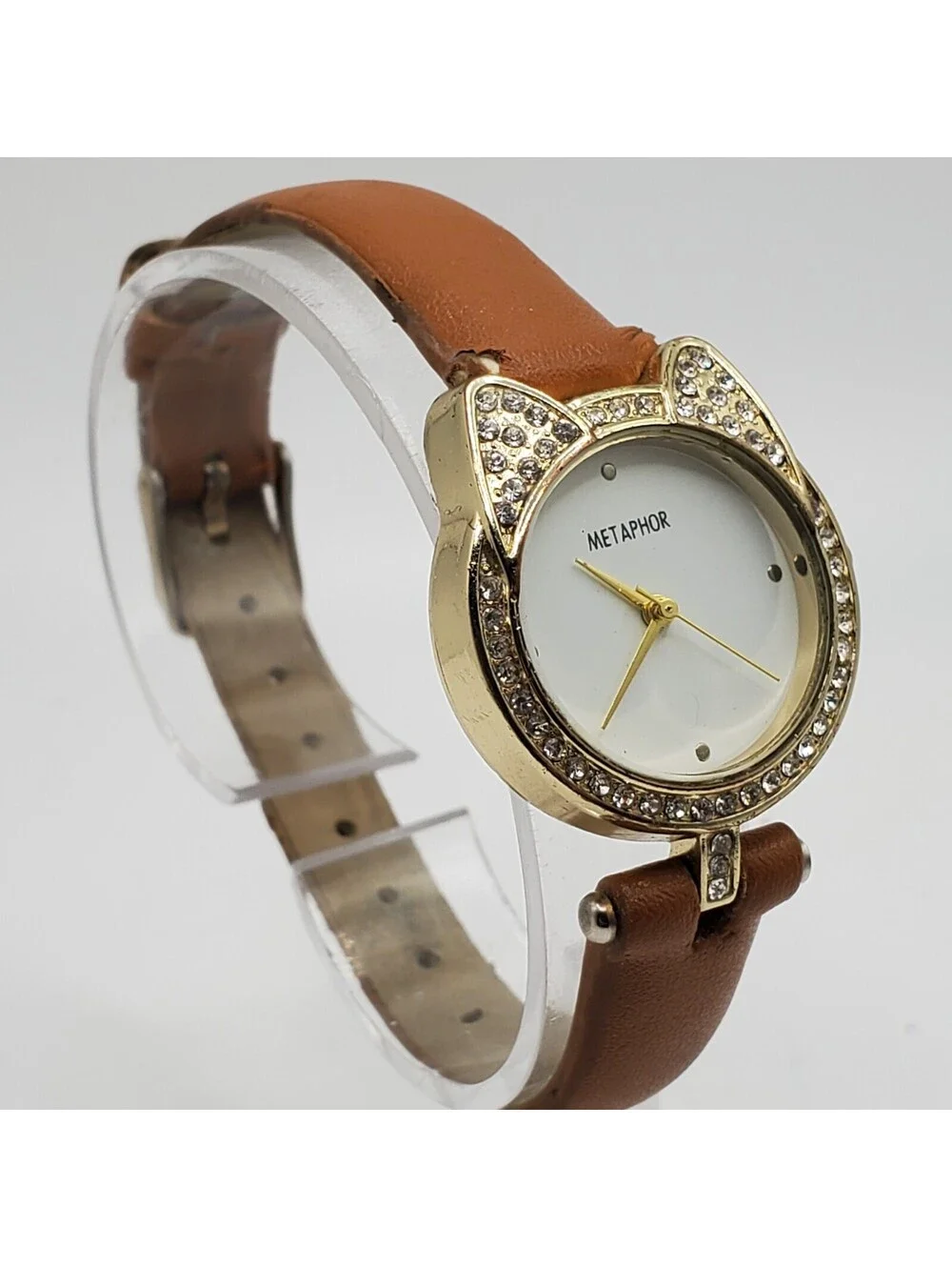 Metaphor Rhinestone Quartz Watch Women 26mm Gold Tone Brown Band New Battery
